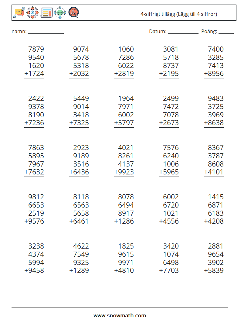 (25) 4-siffrigt tillägg (Lägg till 4 siffror) Matematiska arbetsblad 3