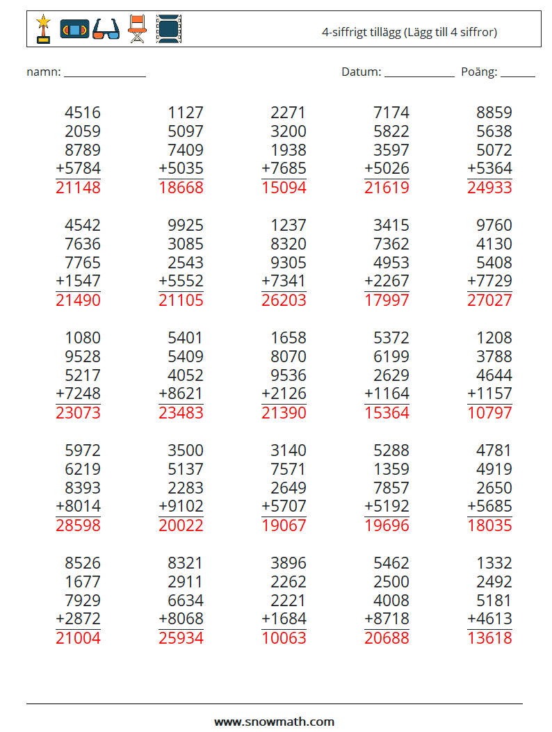 (25) 4-siffrigt tillägg (Lägg till 4 siffror) Matematiska arbetsblad 4 Fråga, svar