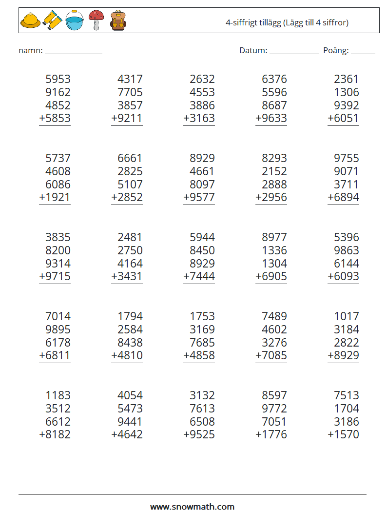 (25) 4-siffrigt tillägg (Lägg till 4 siffror) Matematiska arbetsblad 5