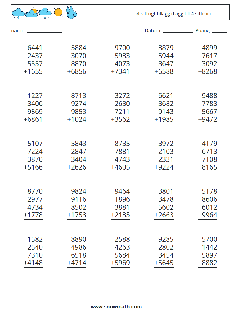 (25) 4-siffrigt tillägg (Lägg till 4 siffror) Matematiska arbetsblad 6