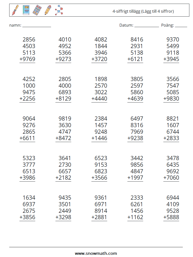 (25) 4-siffrigt tillägg (Lägg till 4 siffror) Matematiska arbetsblad 7