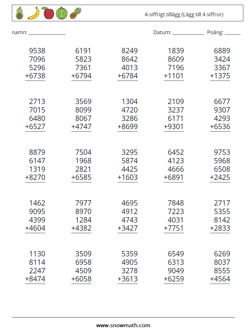 (25) 4-siffrigt tillägg (Lägg till 4 siffror) Matematiska arbetsblad 8