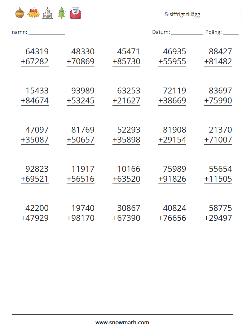 (25) 5-siffrigt tillägg Matematiska arbetsblad 10