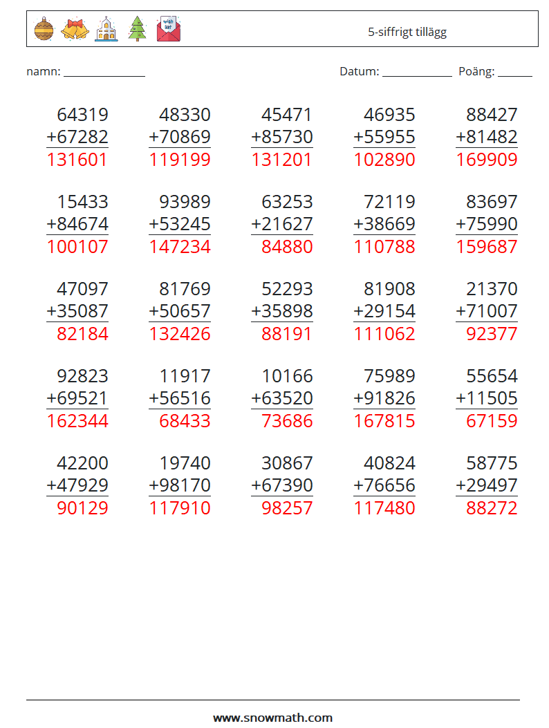 (25) 5-siffrigt tillägg Matematiska arbetsblad 10 Fråga, svar