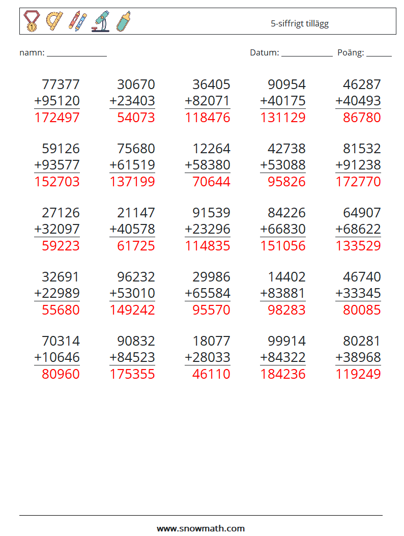 (25) 5-siffrigt tillägg Matematiska arbetsblad 11 Fråga, svar