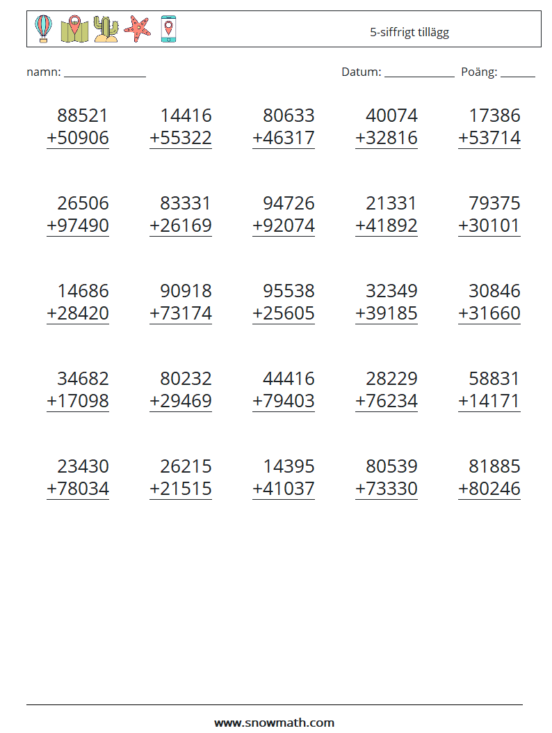 (25) 5-siffrigt tillägg Matematiska arbetsblad 12