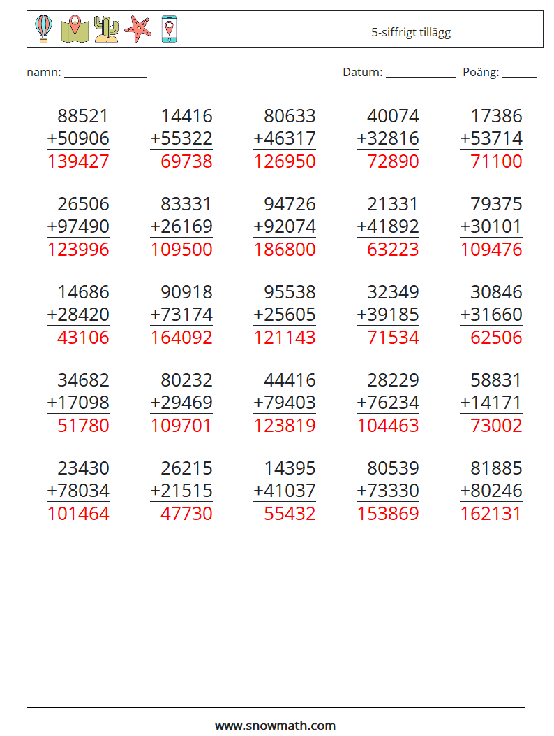 (25) 5-siffrigt tillägg Matematiska arbetsblad 12 Fråga, svar