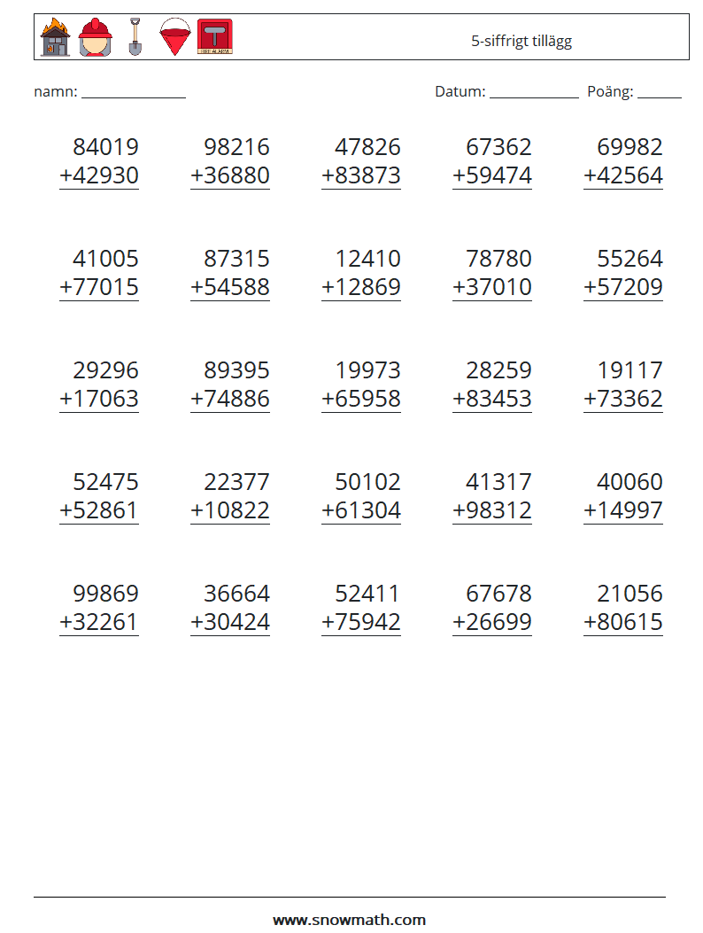 (25) 5-siffrigt tillägg Matematiska arbetsblad 13