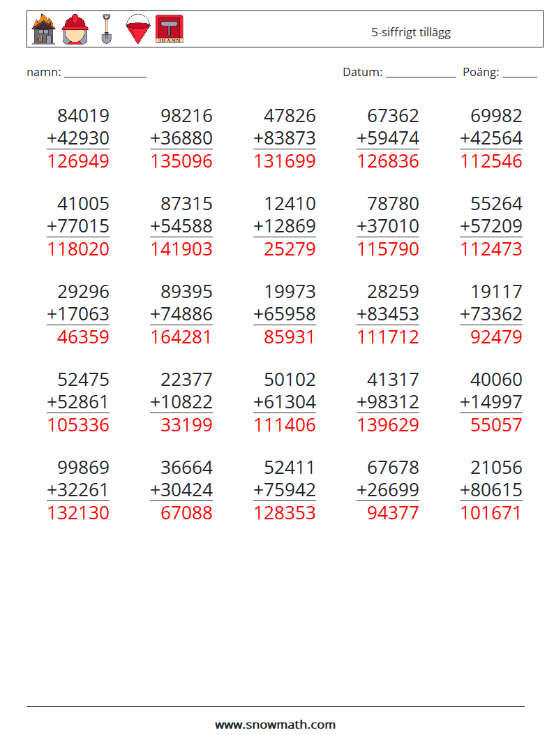 (25) 5-siffrigt tillägg Matematiska arbetsblad 13 Fråga, svar