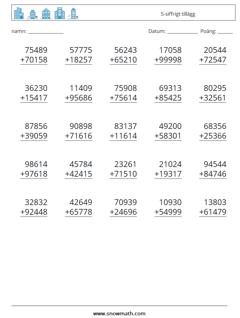 (25) 5-siffrigt tillägg Matematiska arbetsblad 15