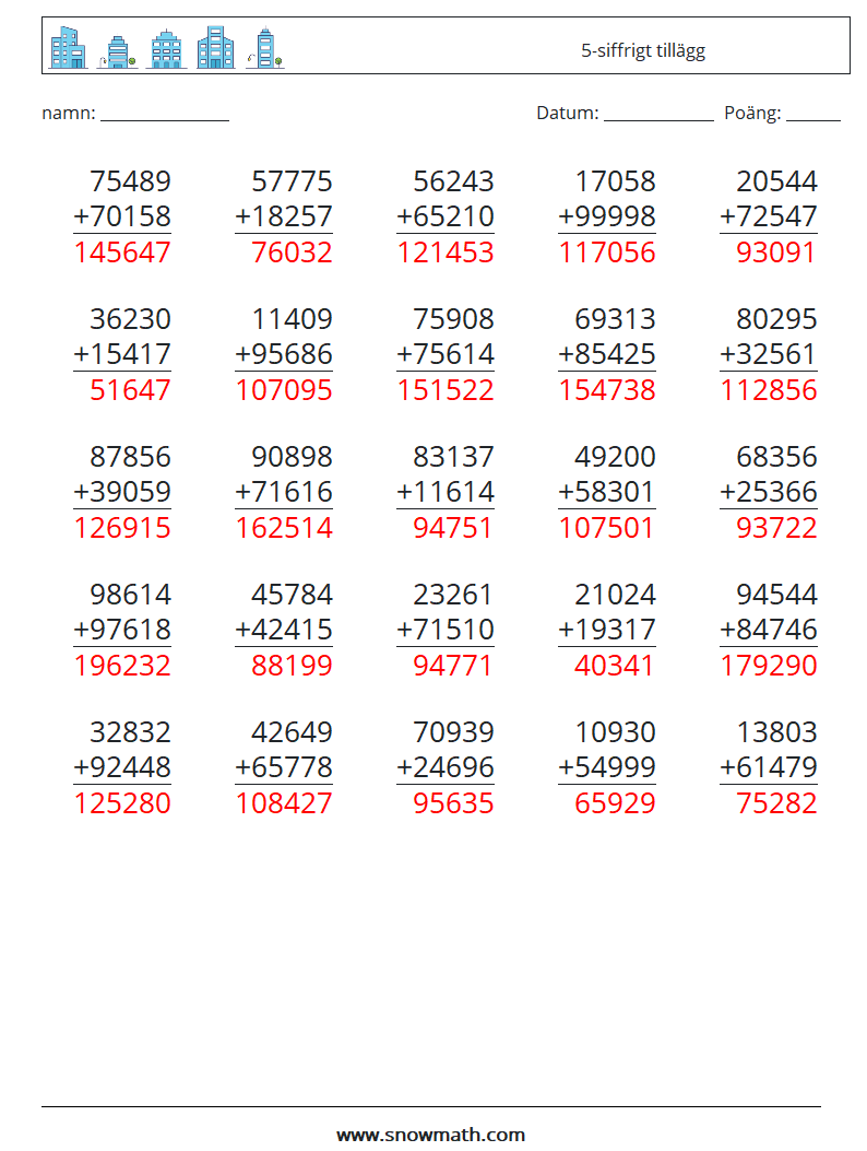 (25) 5-siffrigt tillägg Matematiska arbetsblad 15 Fråga, svar