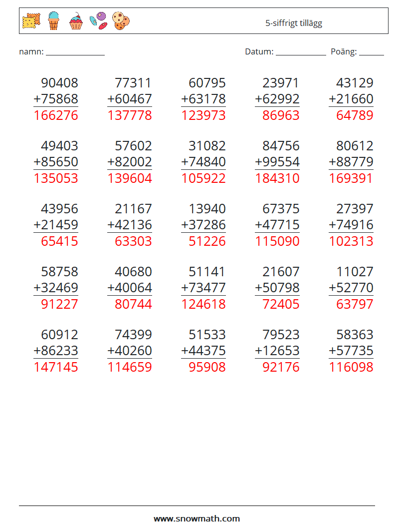 (25) 5-siffrigt tillägg Matematiska arbetsblad 16 Fråga, svar