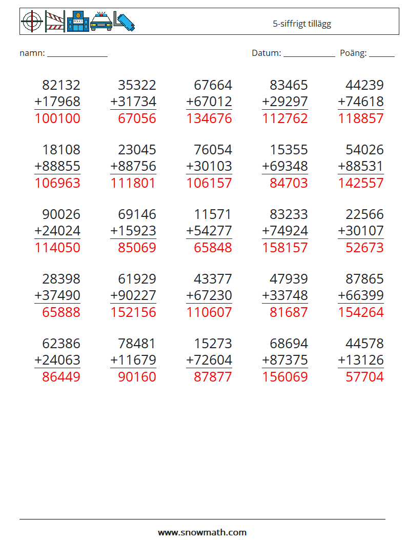 (25) 5-siffrigt tillägg Matematiska arbetsblad 17 Fråga, svar