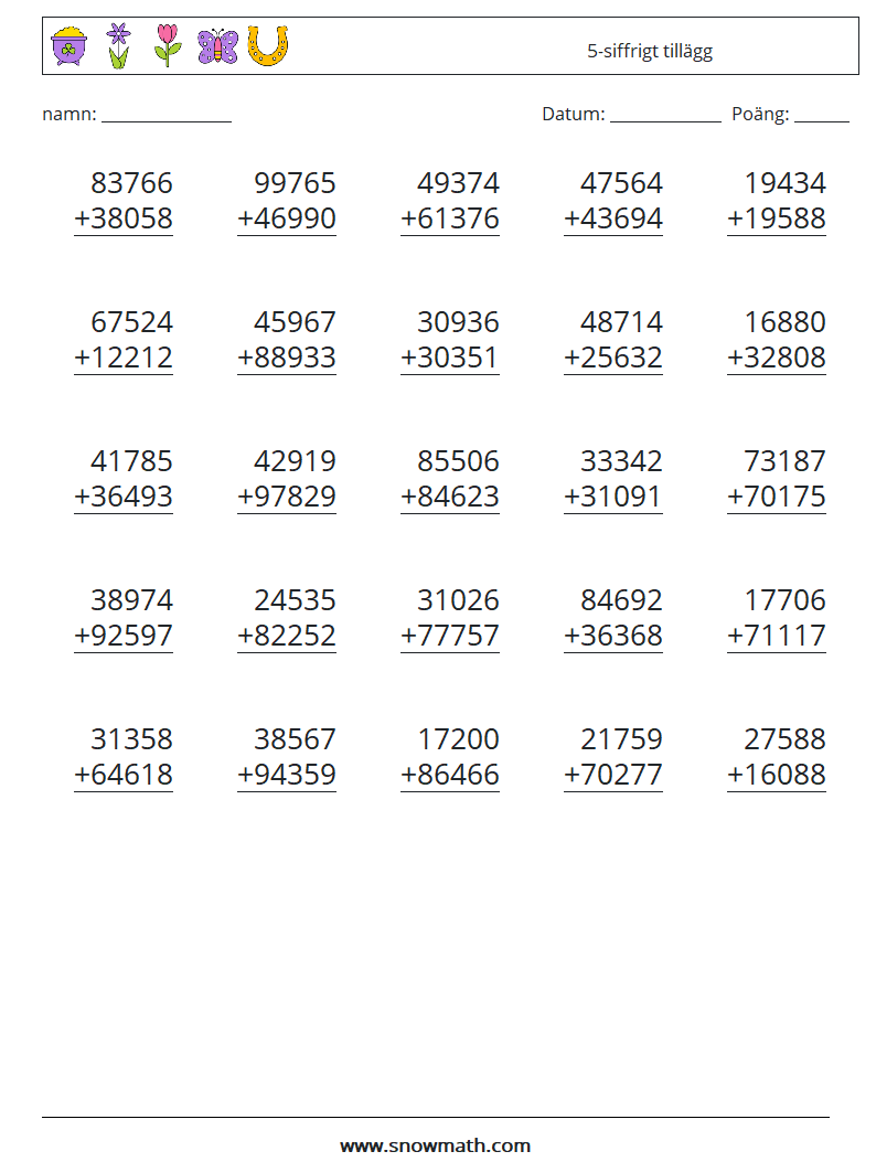 (25) 5-siffrigt tillägg Matematiska arbetsblad 18