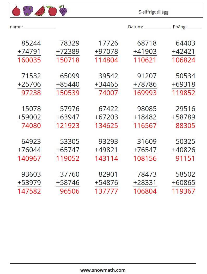 (25) 5-siffrigt tillägg Matematiska arbetsblad 4 Fråga, svar