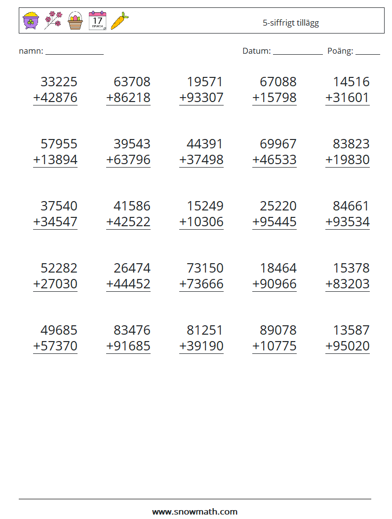 (25) 5-siffrigt tillägg Matematiska arbetsblad 5