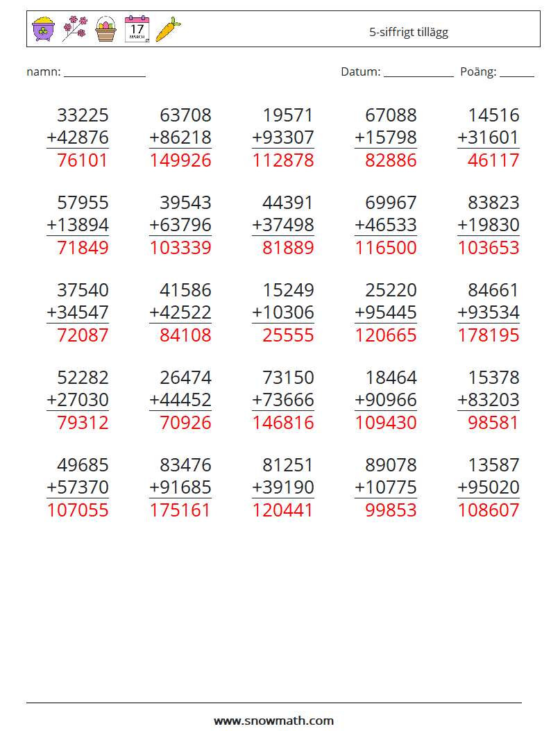 (25) 5-siffrigt tillägg Matematiska arbetsblad 5 Fråga, svar