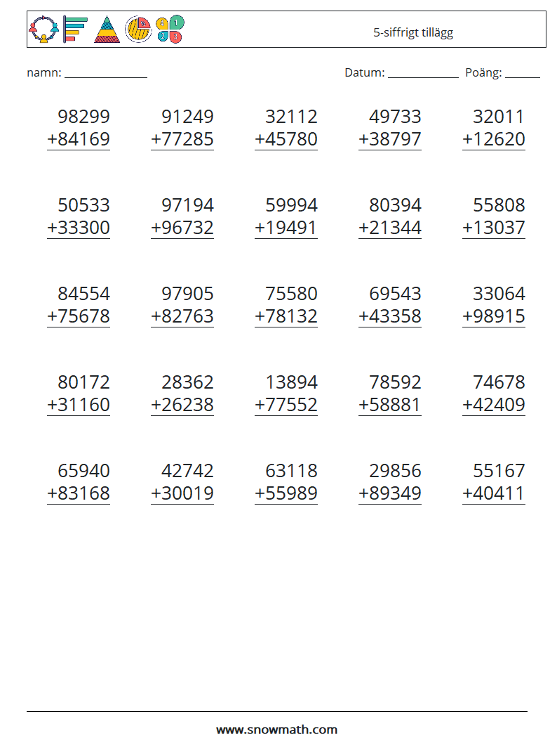(25) 5-siffrigt tillägg Matematiska arbetsblad 7