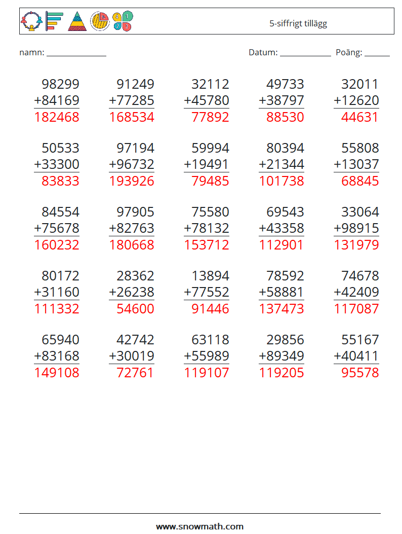 (25) 5-siffrigt tillägg Matematiska arbetsblad 7 Fråga, svar