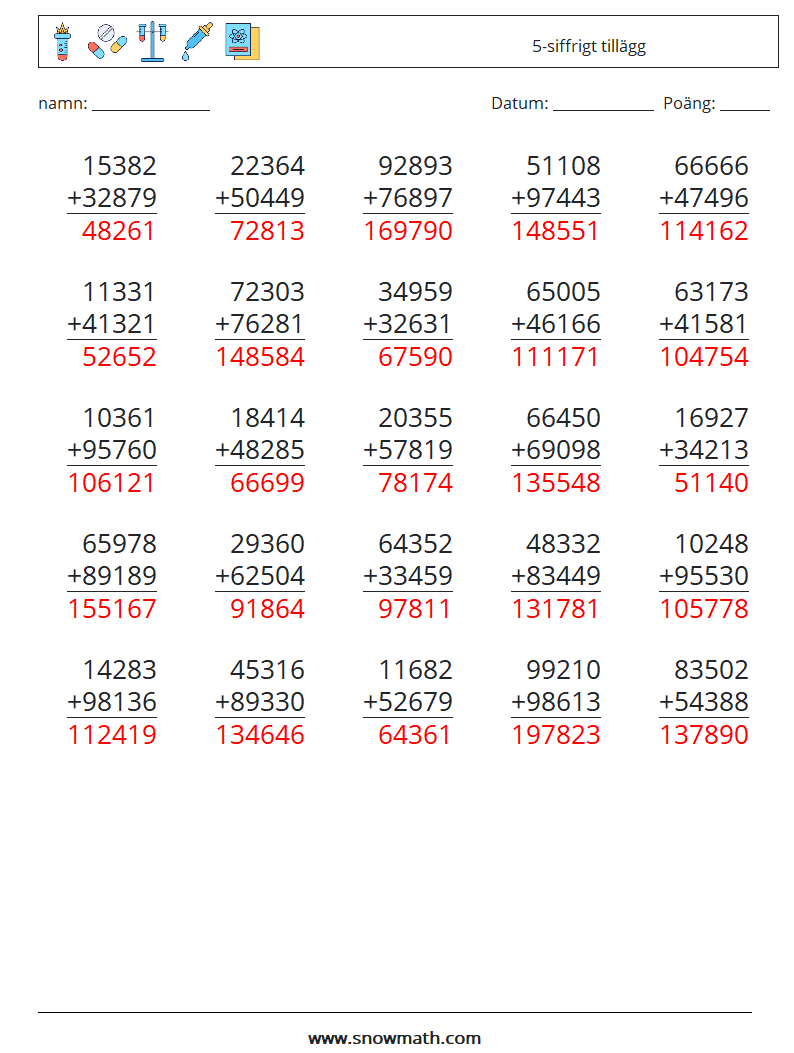 (25) 5-siffrigt tillägg Matematiska arbetsblad 8 Fråga, svar