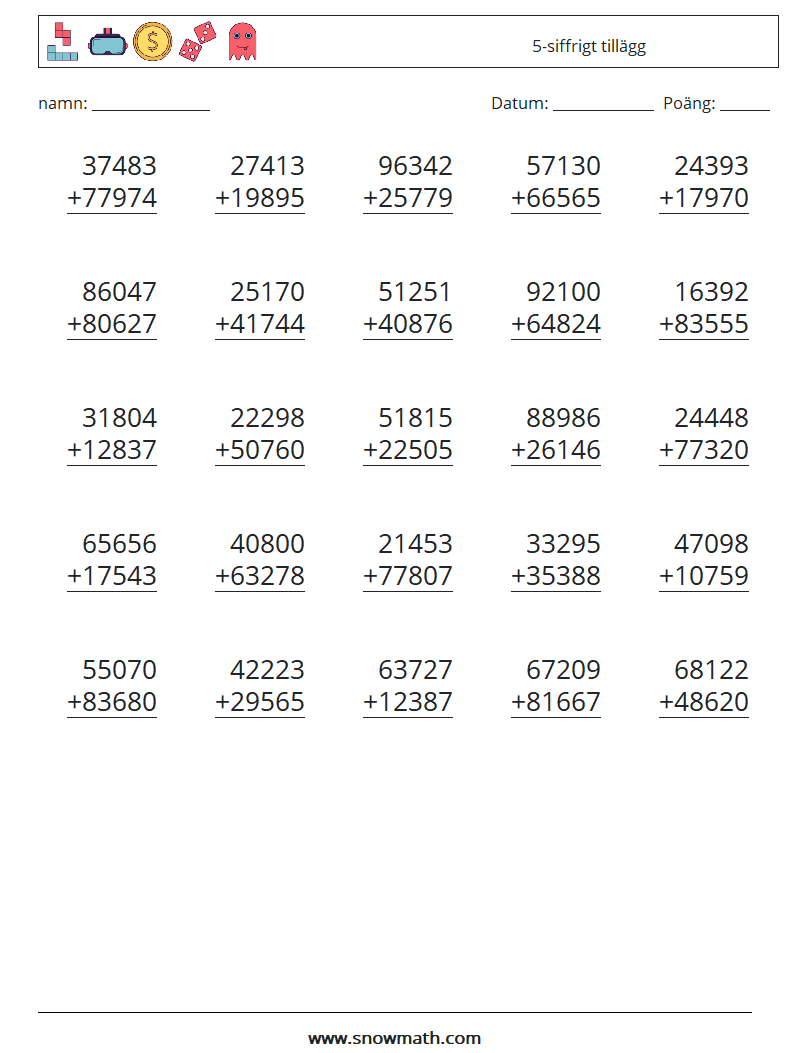 (25) 5-siffrigt tillägg Matematiska arbetsblad 9
