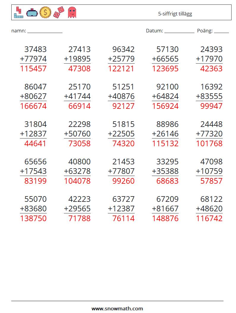 (25) 5-siffrigt tillägg Matematiska arbetsblad 9 Fråga, svar