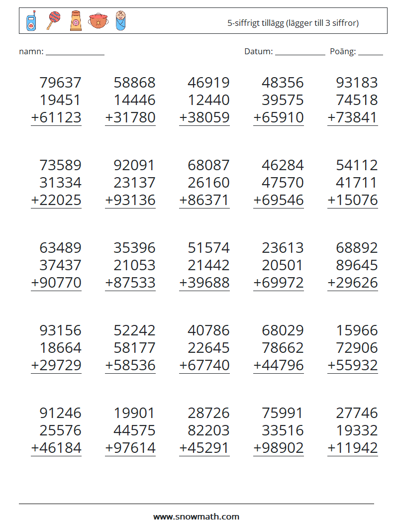 (25) 5-siffrigt tillägg (lägger till 3 siffror) Matematiska arbetsblad 10