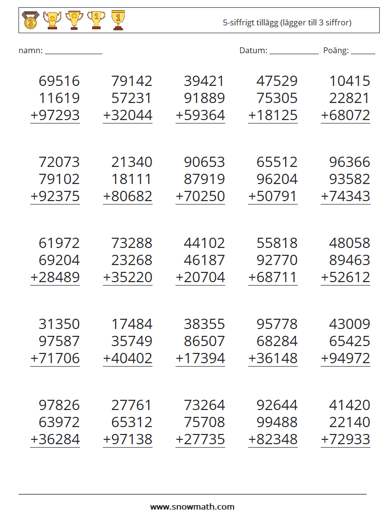 (25) 5-siffrigt tillägg (lägger till 3 siffror) Matematiska arbetsblad 12