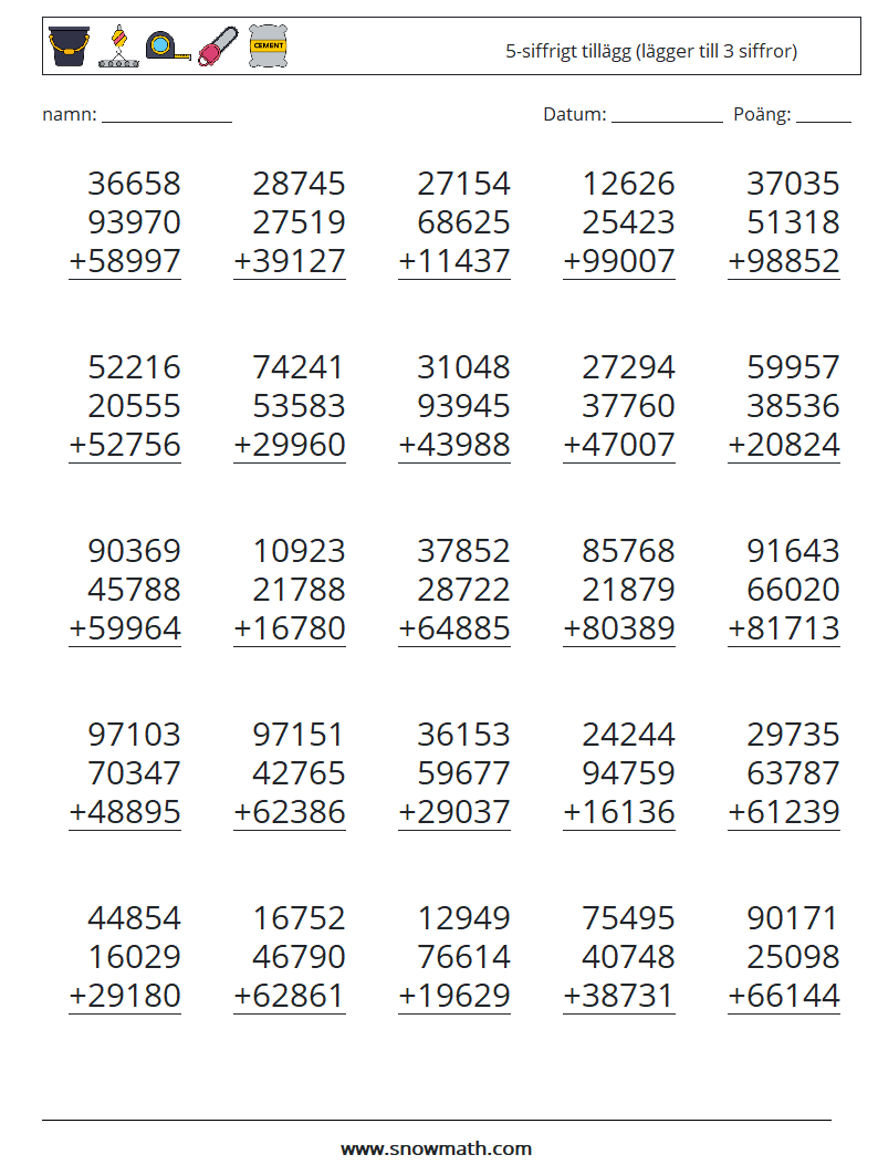(25) 5-siffrigt tillägg (lägger till 3 siffror) Matematiska arbetsblad 13
