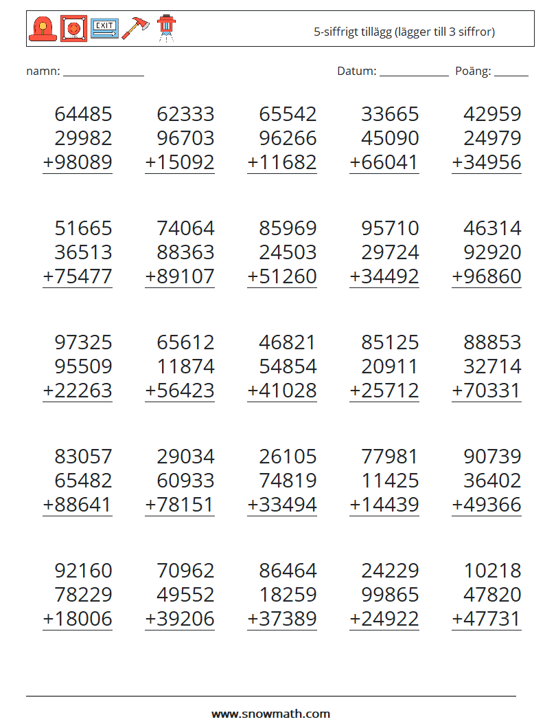 (25) 5-siffrigt tillägg (lägger till 3 siffror) Matematiska arbetsblad 14