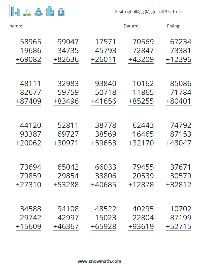 (25) 5-siffrigt tillägg (lägger till 3 siffror) Matematiska arbetsblad 15