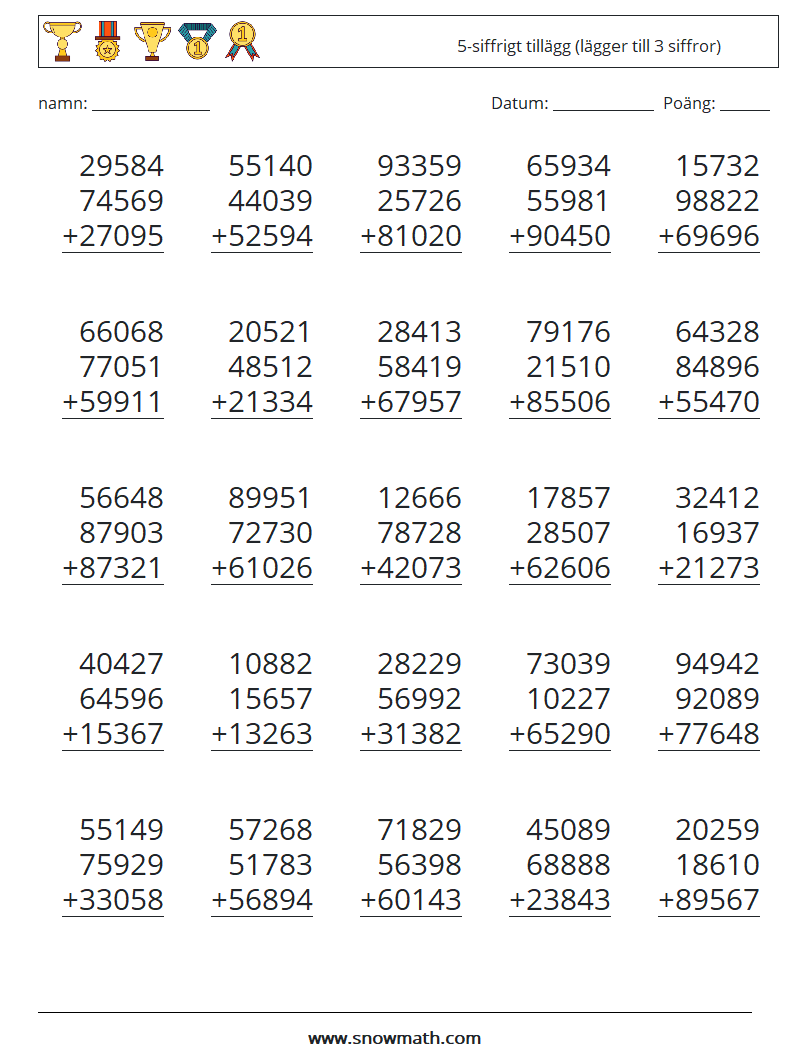 (25) 5-siffrigt tillägg (lägger till 3 siffror) Matematiska arbetsblad 16