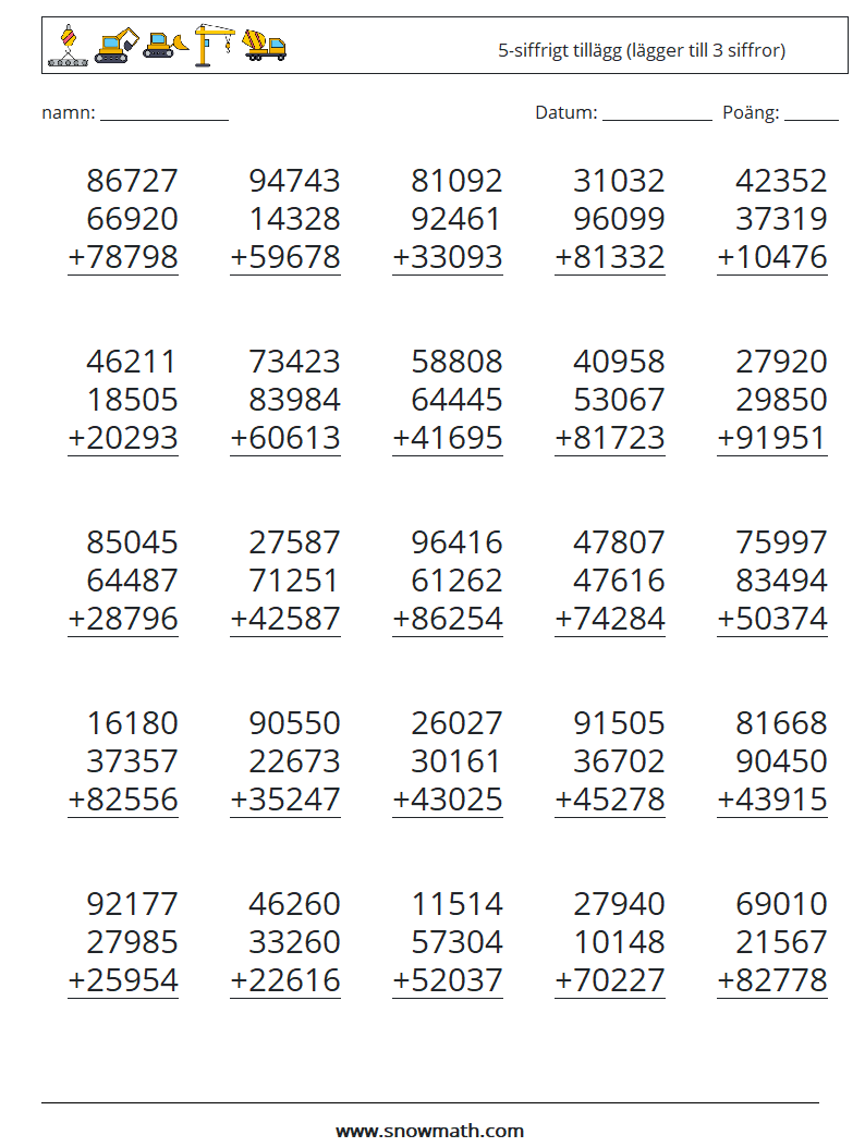 (25) 5-siffrigt tillägg (lägger till 3 siffror) Matematiska arbetsblad 17