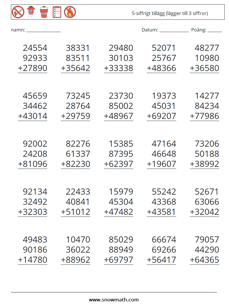 (25) 5-siffrigt tillägg (lägger till 3 siffror) Matematiska arbetsblad 18