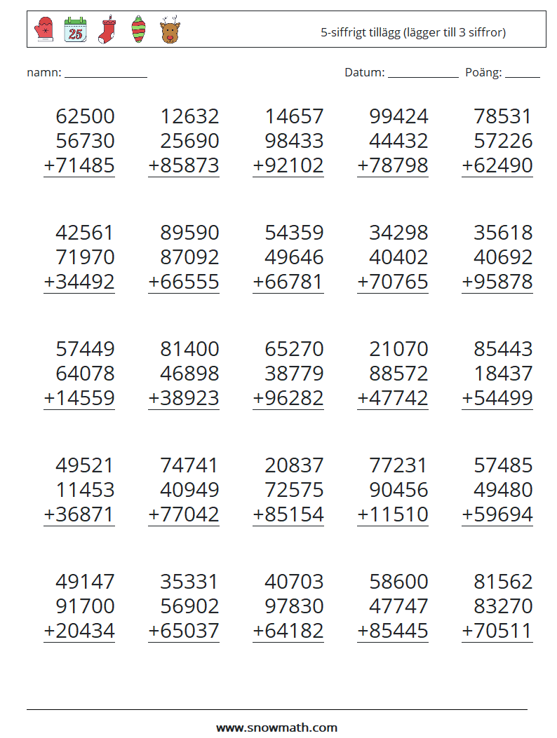 (25) 5-siffrigt tillägg (lägger till 3 siffror) Matematiska arbetsblad 2