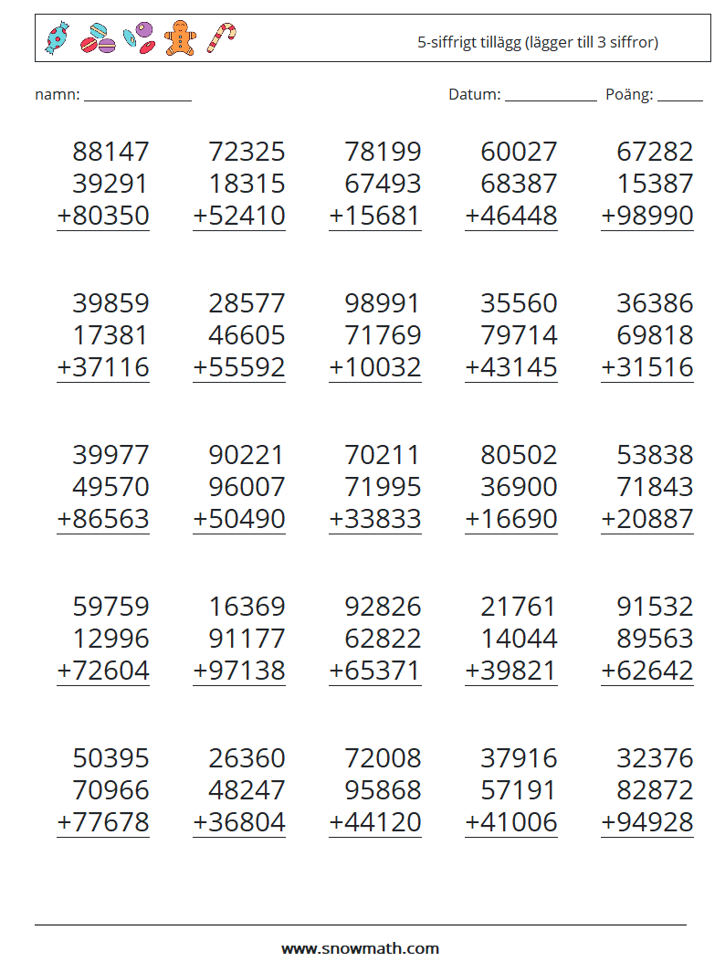 (25) 5-siffrigt tillägg (lägger till 3 siffror) Matematiska arbetsblad 3