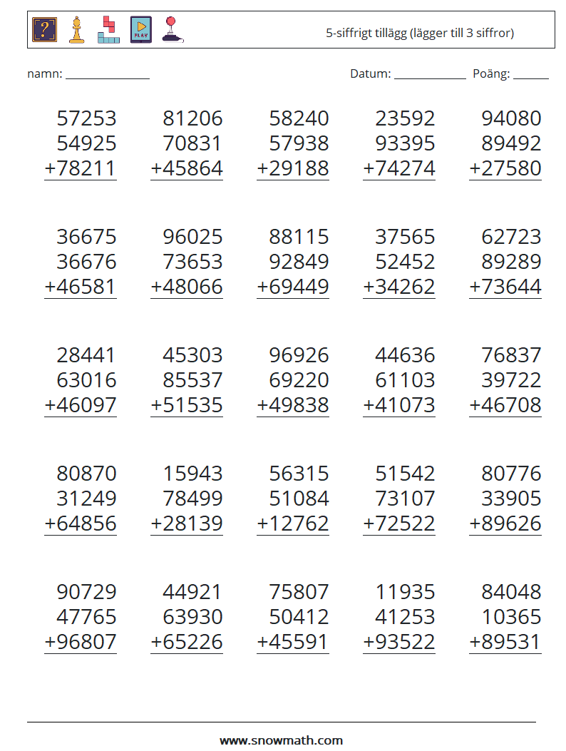 (25) 5-siffrigt tillägg (lägger till 3 siffror) Matematiska arbetsblad 4