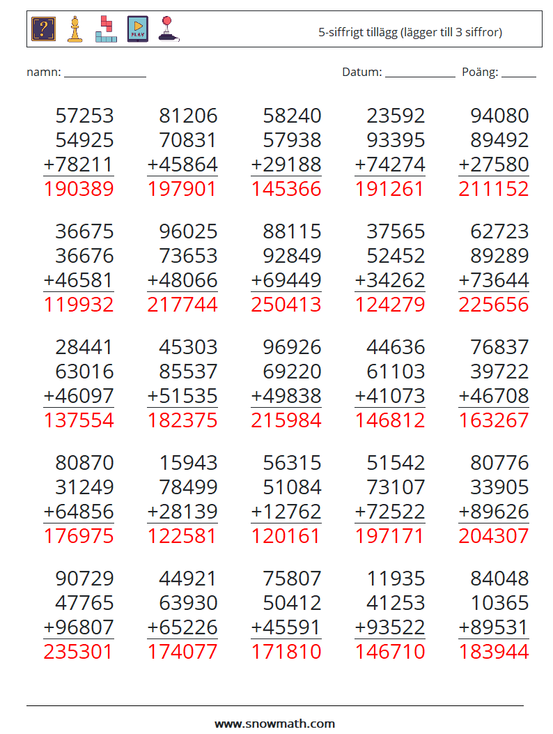 (25) 5-siffrigt tillägg (lägger till 3 siffror) Matematiska arbetsblad 4 Fråga, svar