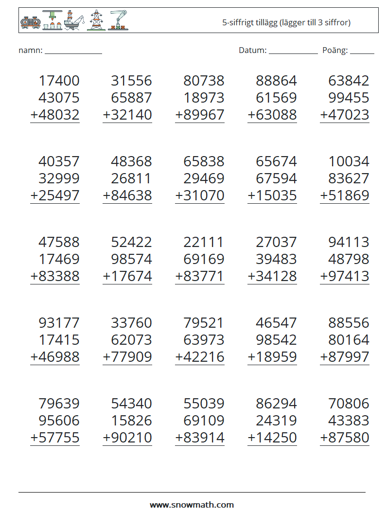 (25) 5-siffrigt tillägg (lägger till 3 siffror) Matematiska arbetsblad 5