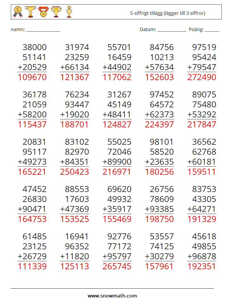 (25) 5-siffrigt tillägg (lägger till 3 siffror) Matematiska arbetsblad 6 Fråga, svar