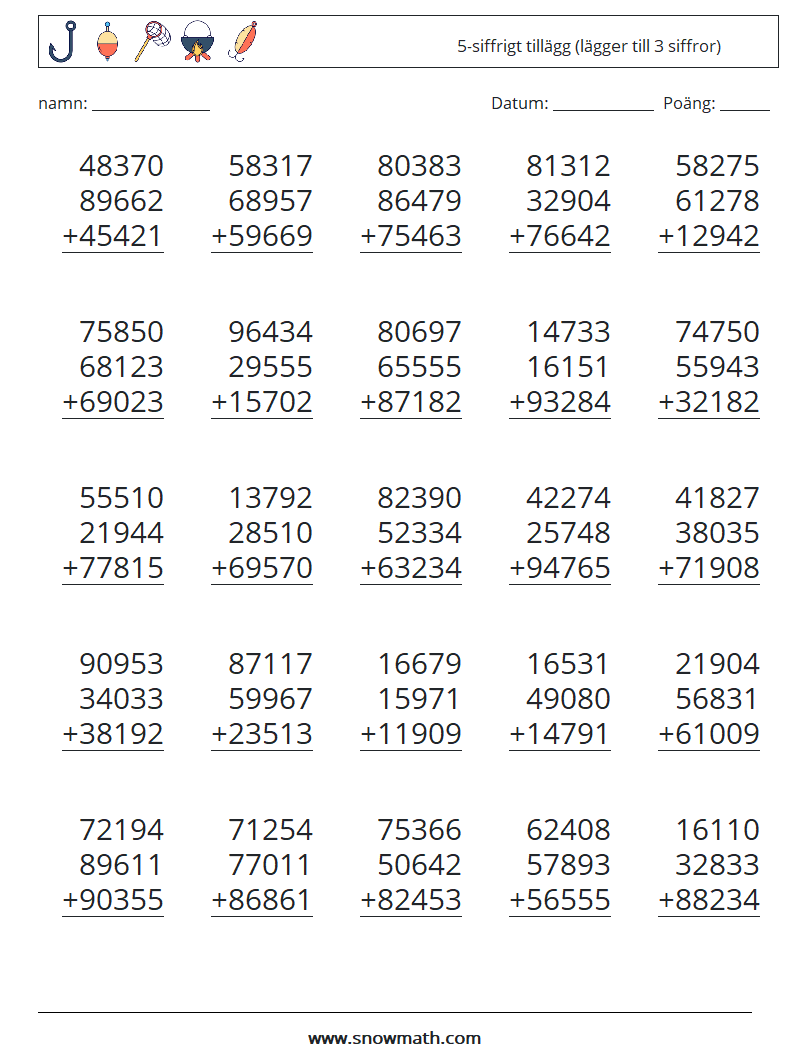 (25) 5-siffrigt tillägg (lägger till 3 siffror) Matematiska arbetsblad 7