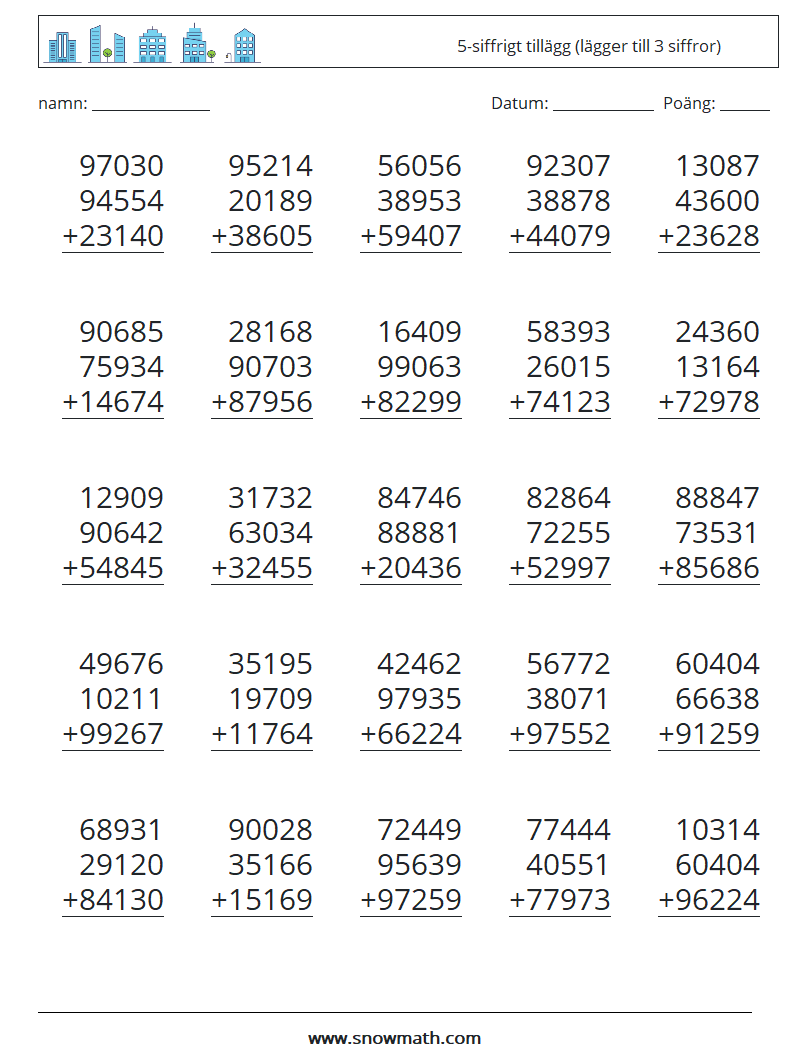 (25) 5-siffrigt tillägg (lägger till 3 siffror) Matematiska arbetsblad 8