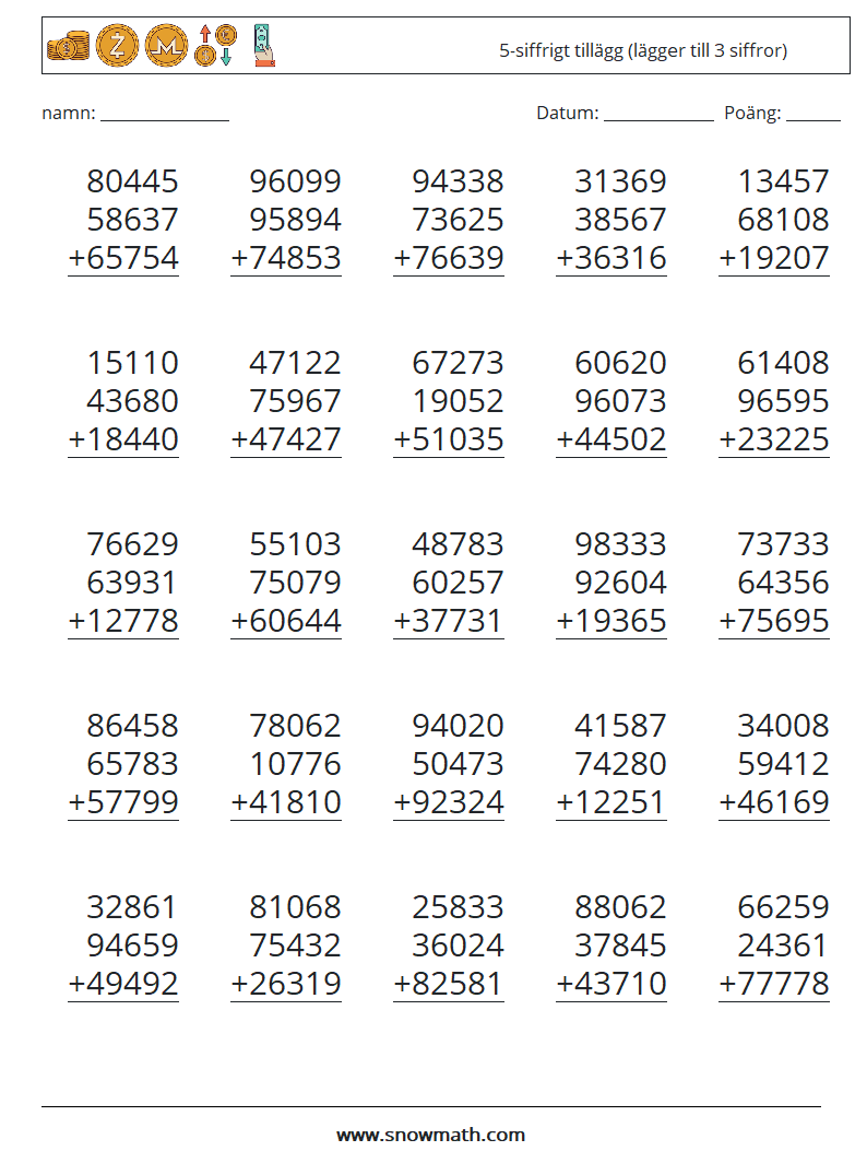 (25) 5-siffrigt tillägg (lägger till 3 siffror) Matematiska arbetsblad 9