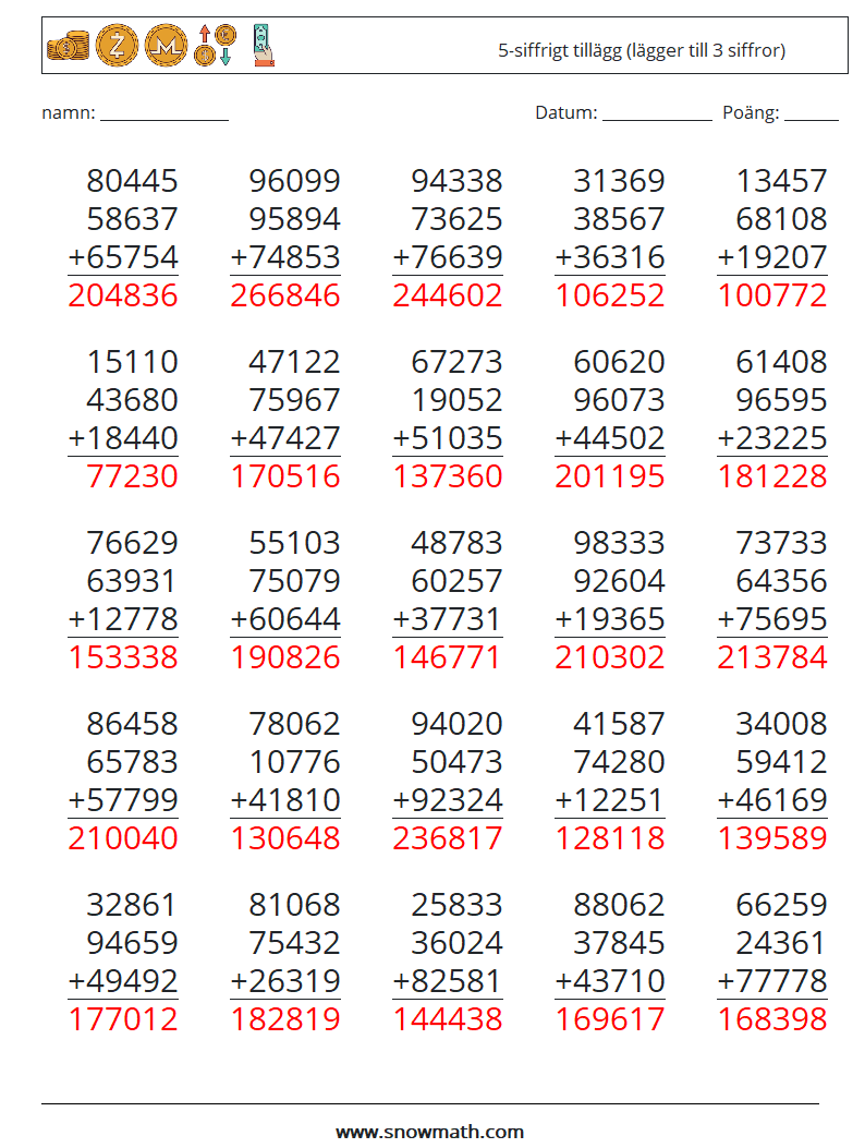 (25) 5-siffrigt tillägg (lägger till 3 siffror) Matematiska arbetsblad 9 Fråga, svar