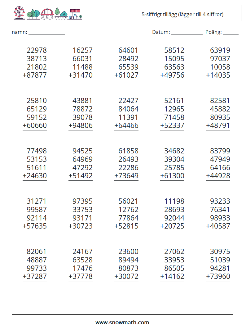 (25) 5-siffrigt tillägg (lägger till 4 siffror) Matematiska arbetsblad 1