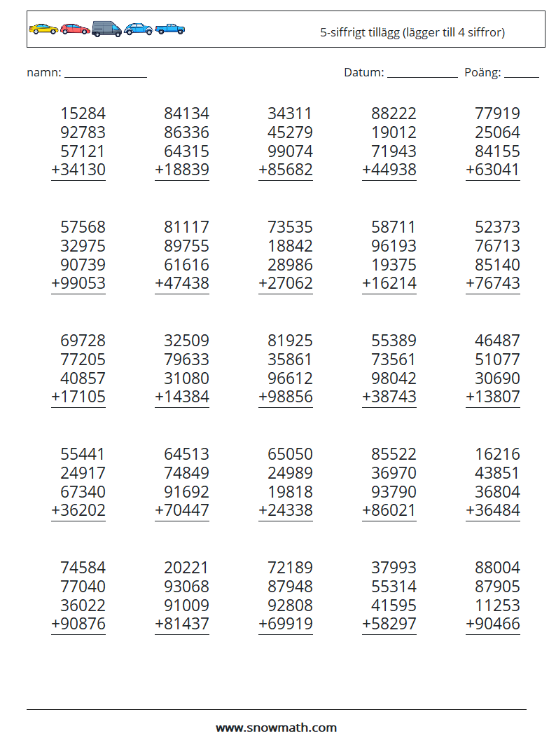 (25) 5-siffrigt tillägg (lägger till 4 siffror) Matematiska arbetsblad 10