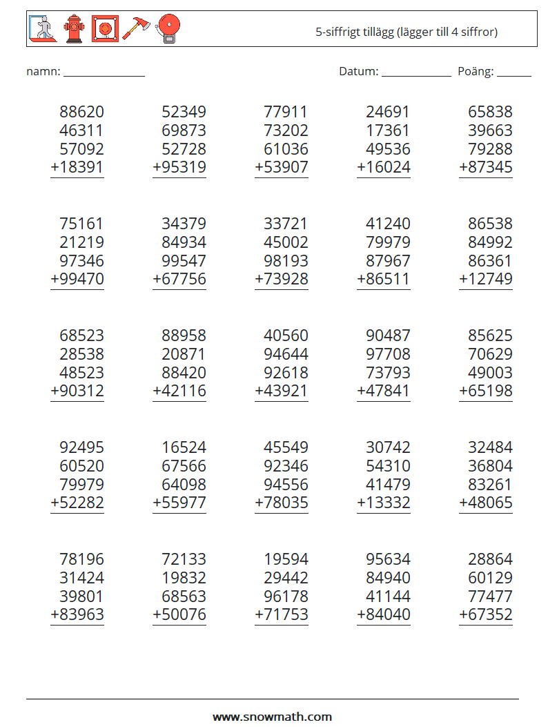 (25) 5-siffrigt tillägg (lägger till 4 siffror) Matematiska arbetsblad 11
