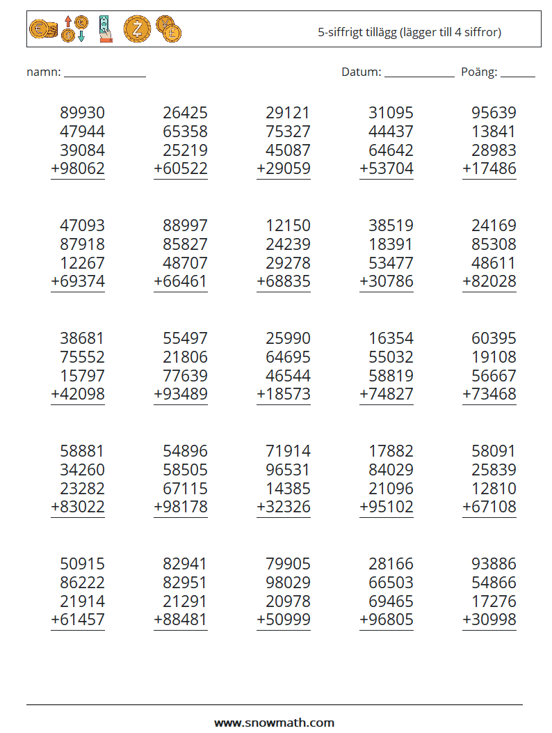 (25) 5-siffrigt tillägg (lägger till 4 siffror) Matematiska arbetsblad 12