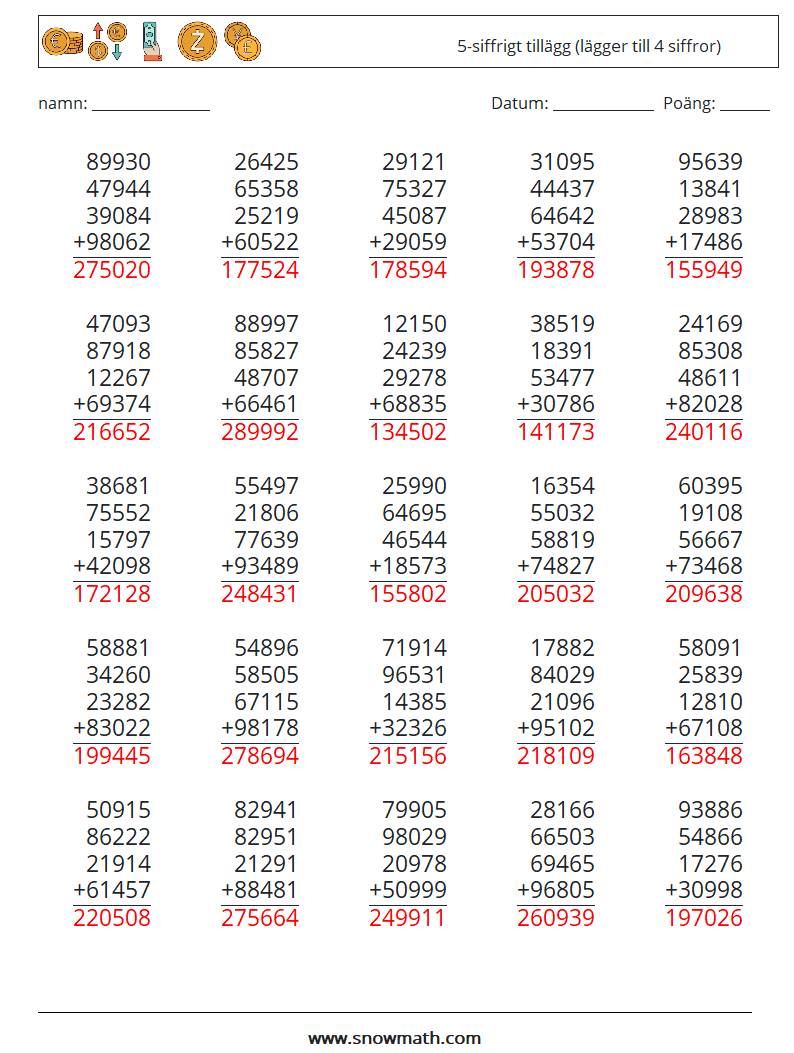 (25) 5-siffrigt tillägg (lägger till 4 siffror) Matematiska arbetsblad 12 Fråga, svar