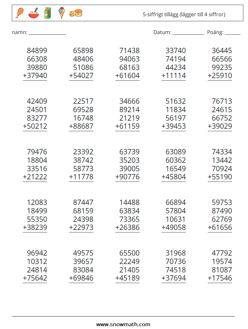 (25) 5-siffrigt tillägg (lägger till 4 siffror) Matematiska arbetsblad 14